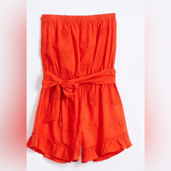 Loft beach line embroidered romper shorts strapless orange red NWT - Picture 1 of 8